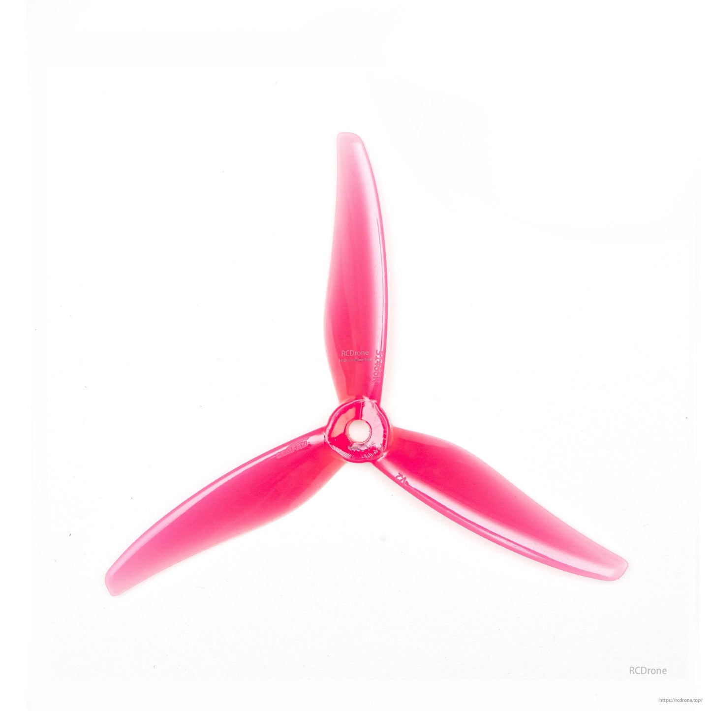 Translucent pink 3-blade propeller close-up on white background, showing hub and blades