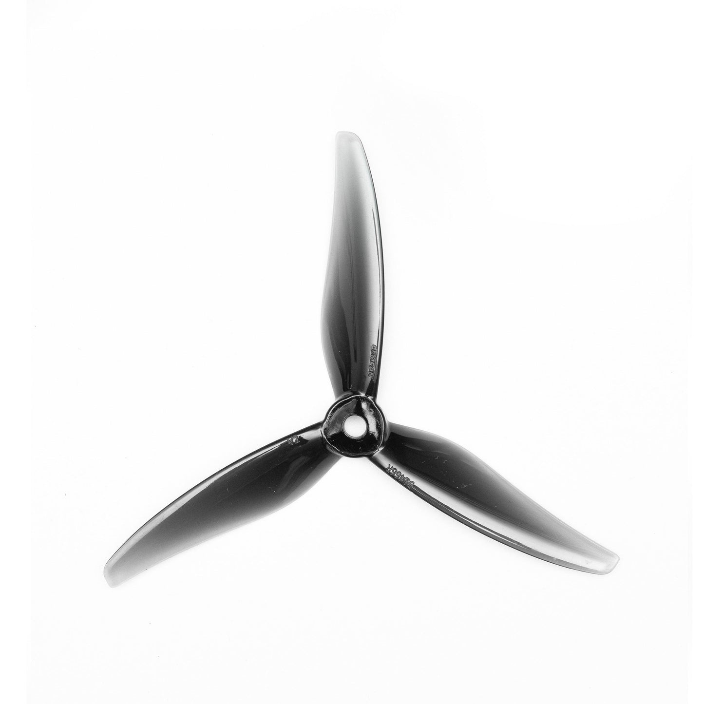 Black 3-blade propeller close-up on white background, showing hub opening and blade shape