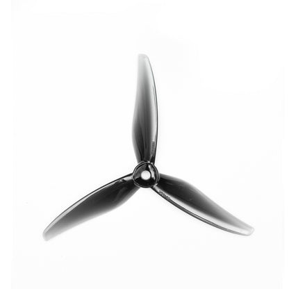 Black 3-blade propeller close-up on white background, showing hub opening and blade shape
