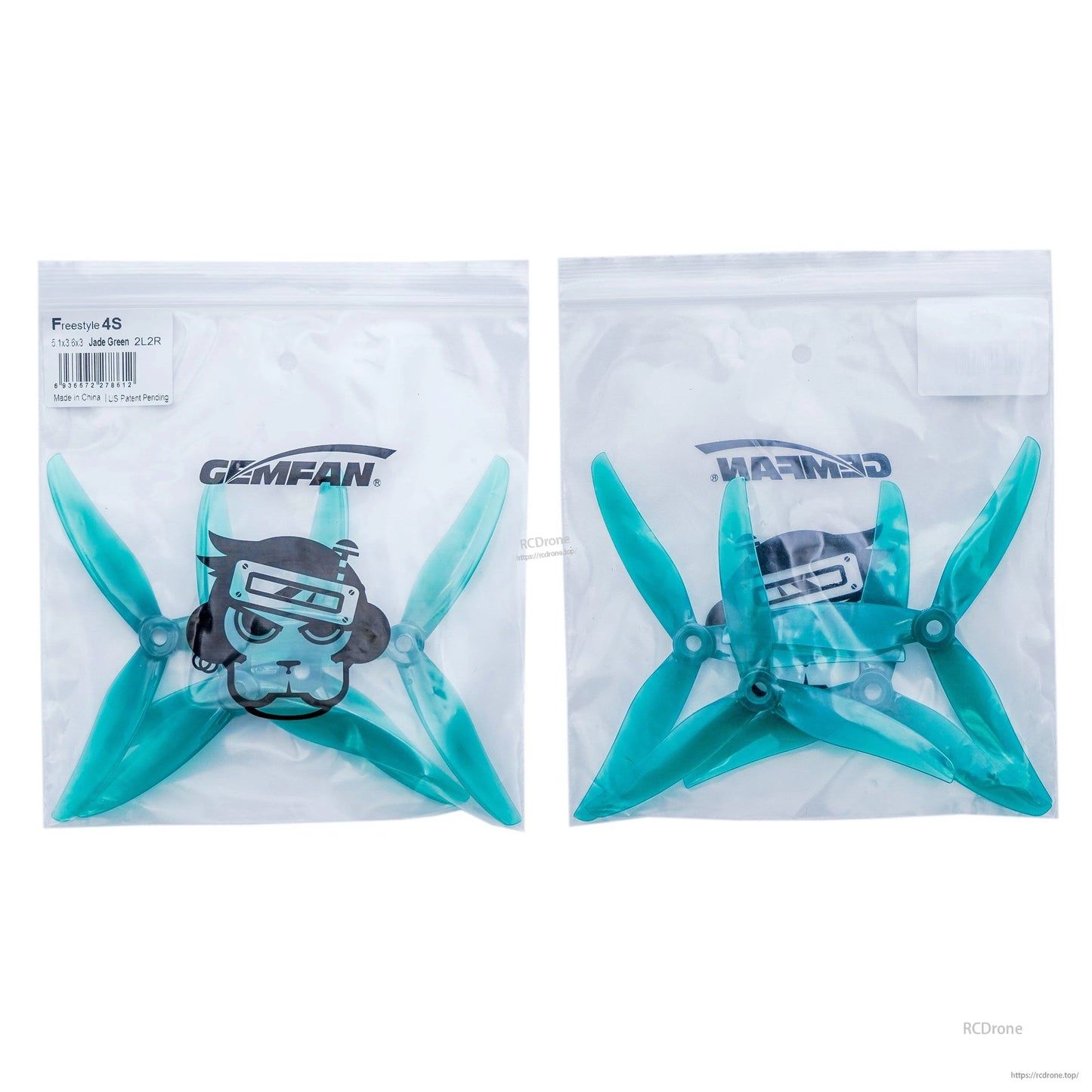 Gemfan propeller package contents: two clear bags with teal 3-blade props and label