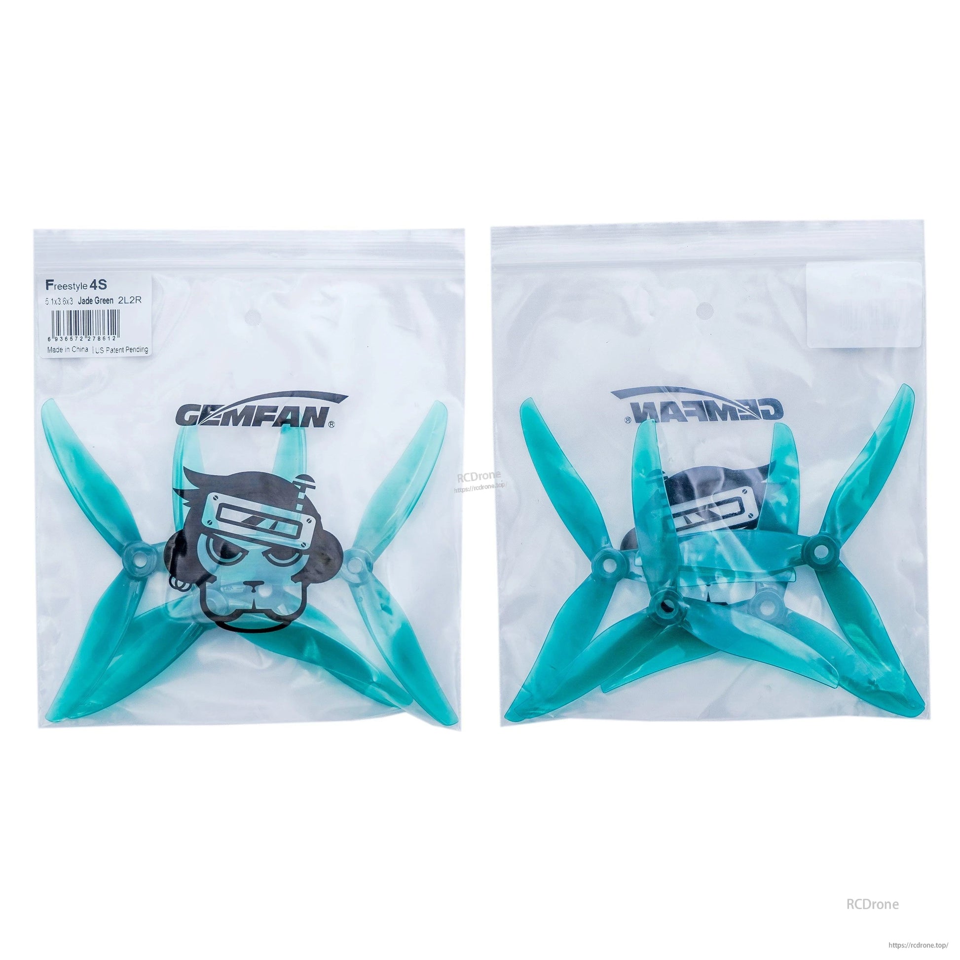 Gemfan propeller package contents: two clear bags with teal 3-blade props and label