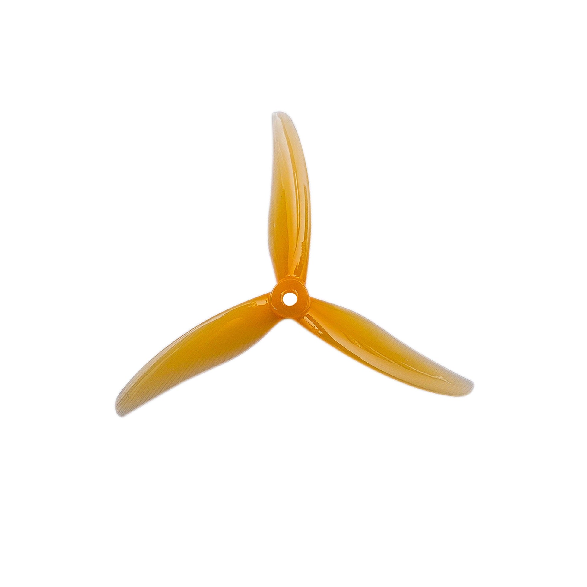 Amber/orange translucent 3-blade FPV freestyle propeller, top view