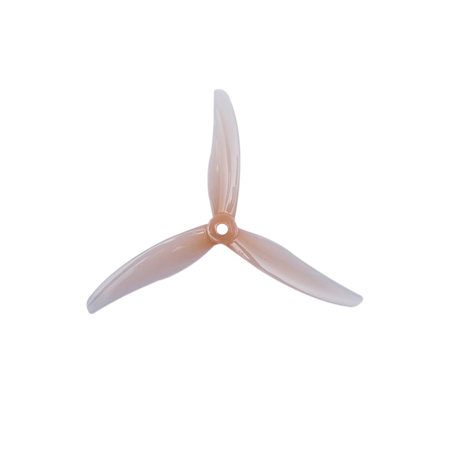 Light pink translucent 3-blade FPV drone propeller, top view