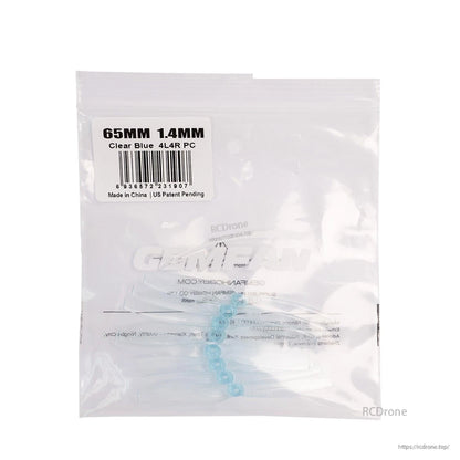 Gemfan 65mm-2 Toothpick PC Propeller packaging label close-up: 65MM 1.4MM Clear Blue 4L4R