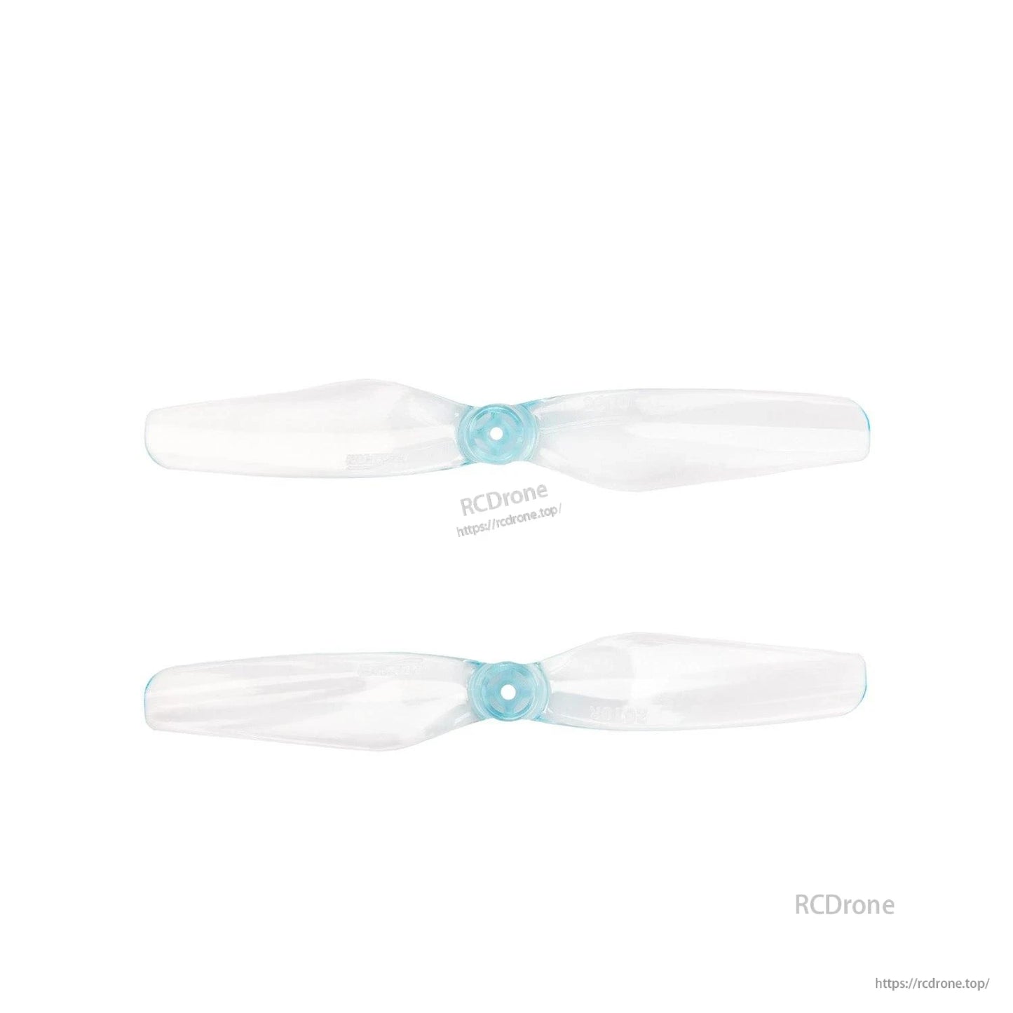 Clear two-blade propeller pair with light blue hubs, top view on white background