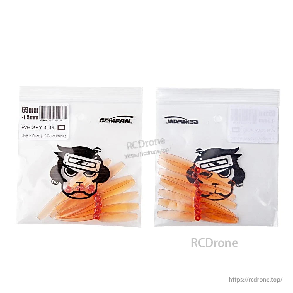 Gemfan 65mm propeller set in zip bag, front and back packaging shown with label