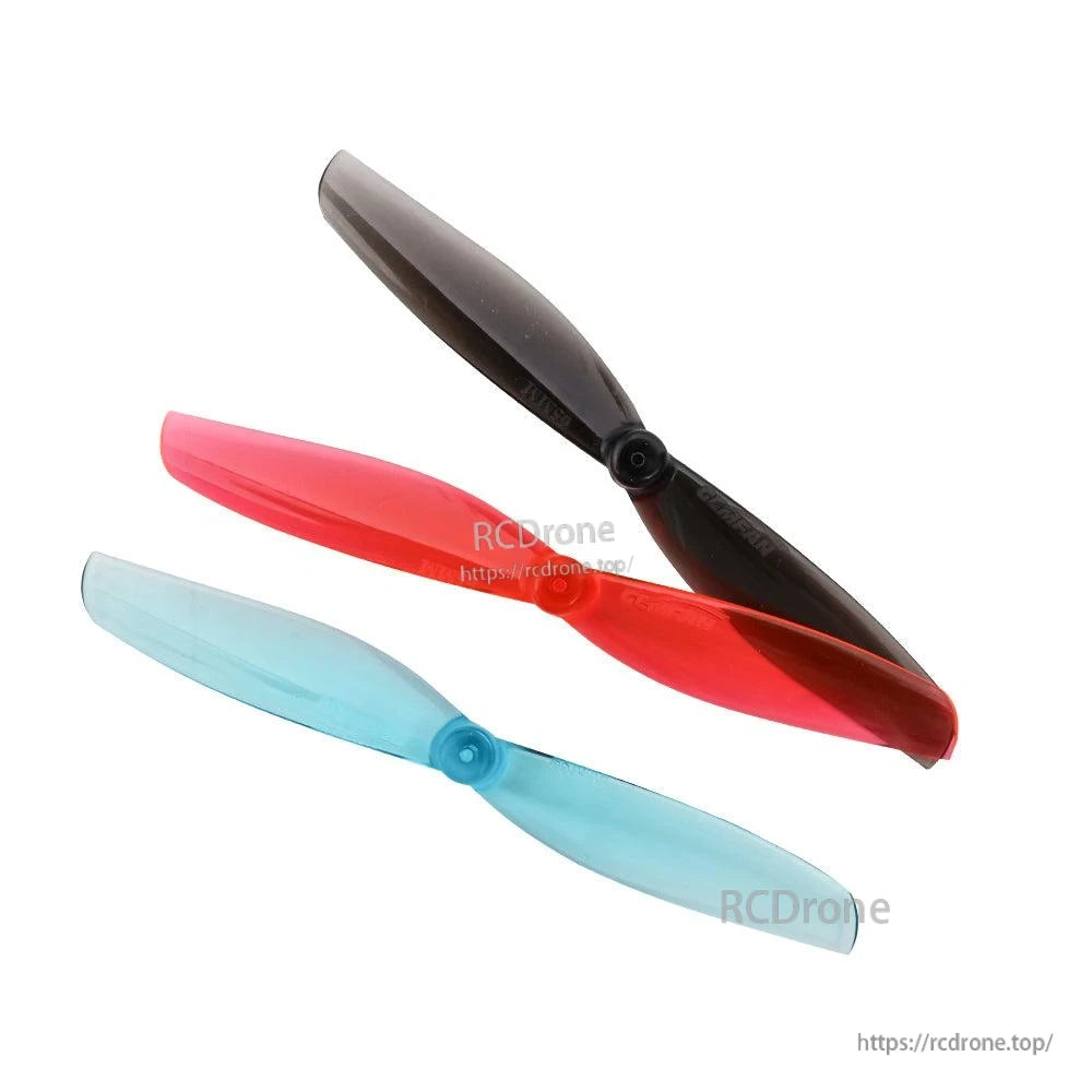 Assorted color set of Gemfan 65mmS-2 Toothpick Propellers shown at angle: black, red, and blue