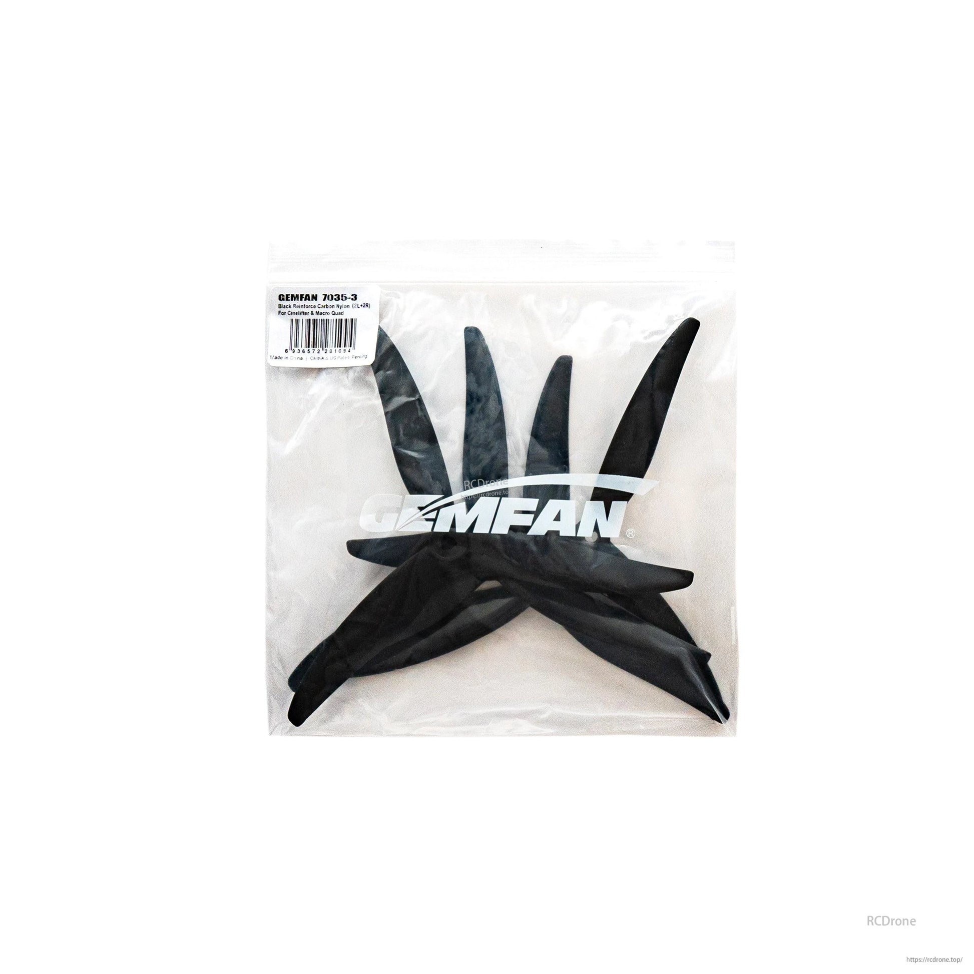 Gemfan 7035-3 packaging with barcode label and Gemfan logo, sealed bag containing black tri-blade propellers