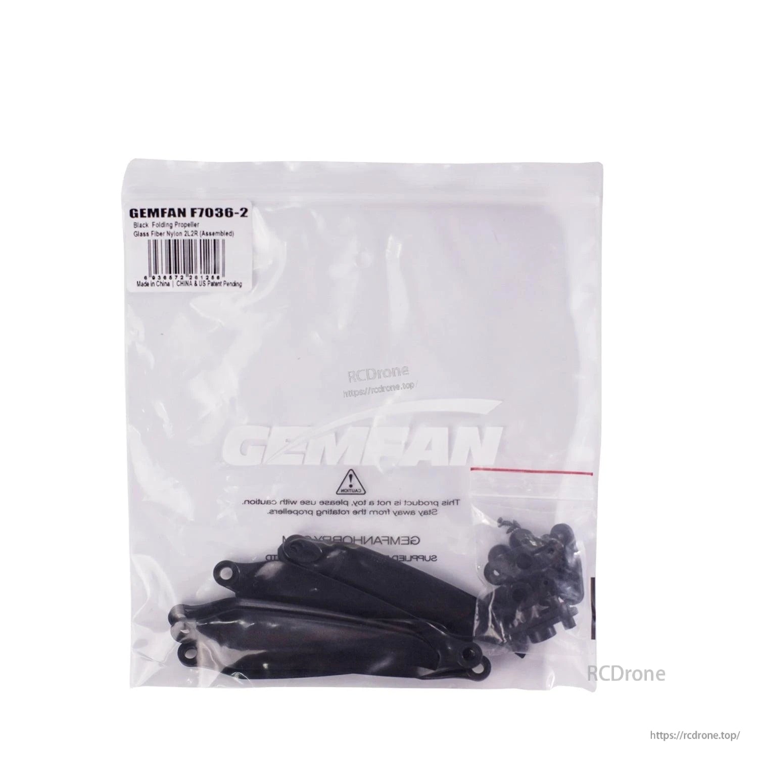 Sealed retail bag with GEMFAN F7036-2 label and propellers visible inside