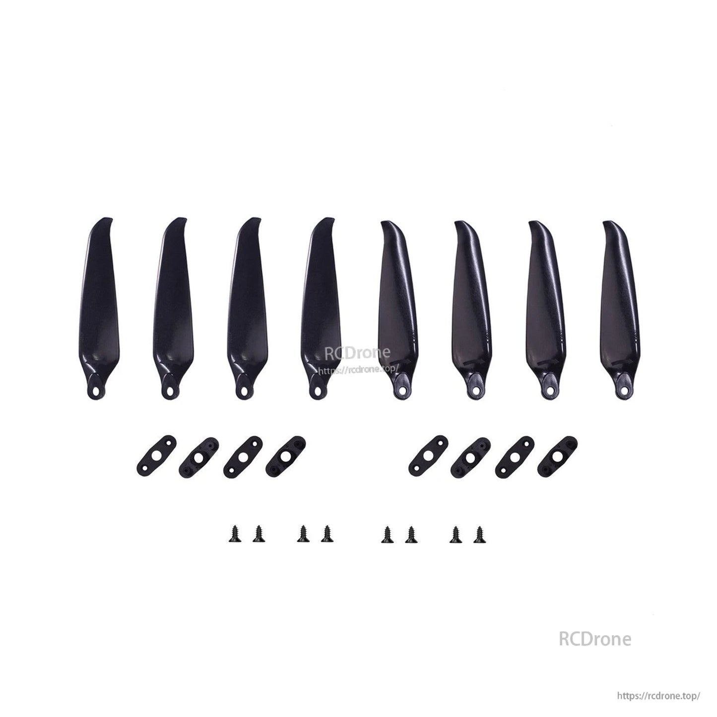 Package contents laid out: eight propellers, mounting adapter plates, and screws