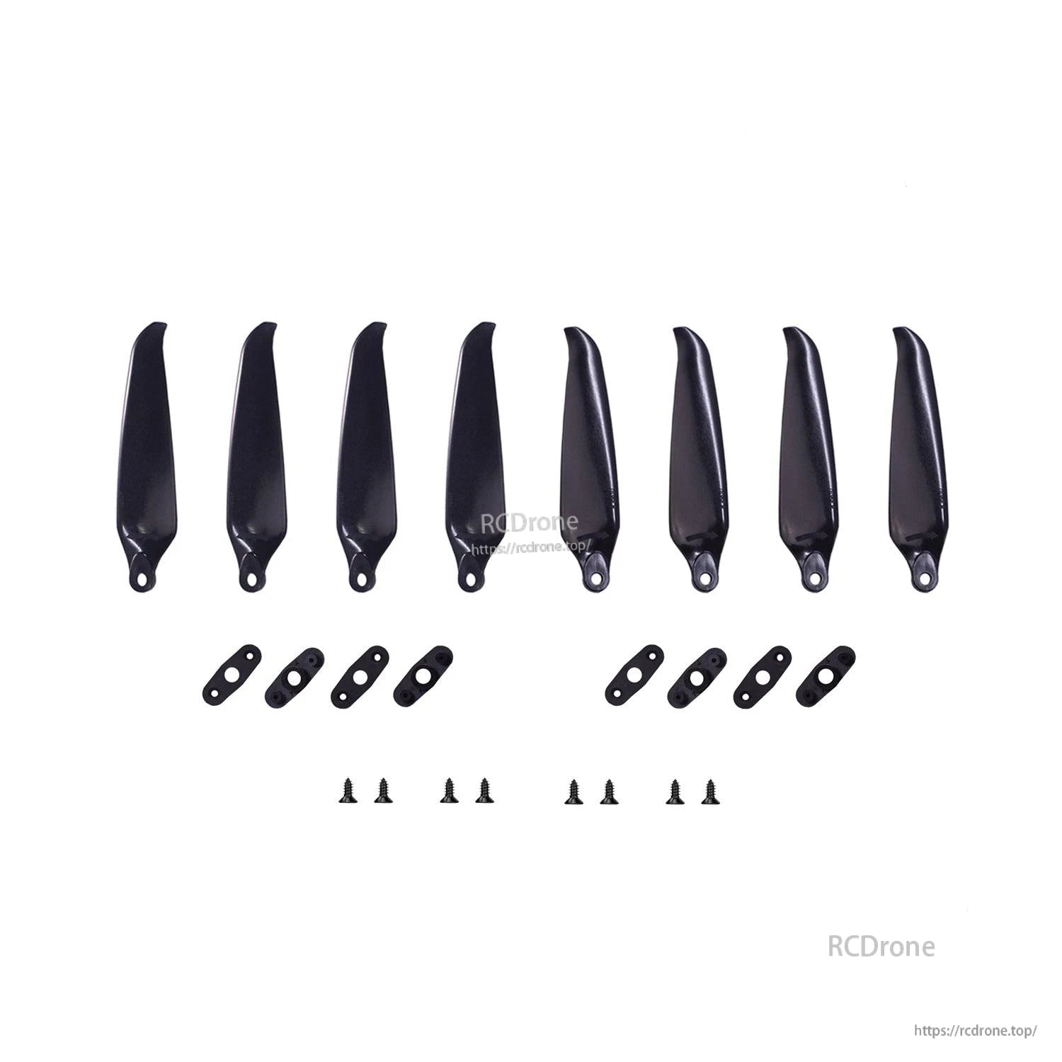 Package contents laid out: eight propellers, mounting adapter plates, and screws