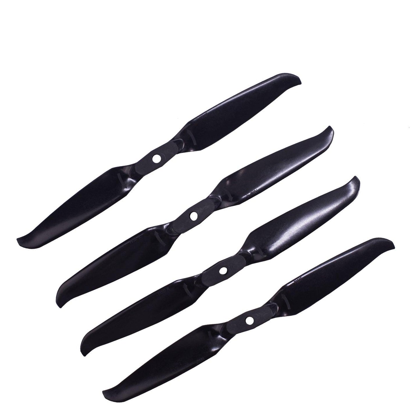 Set of four black 7in two-blade drone propellers with center mounting holes, top view