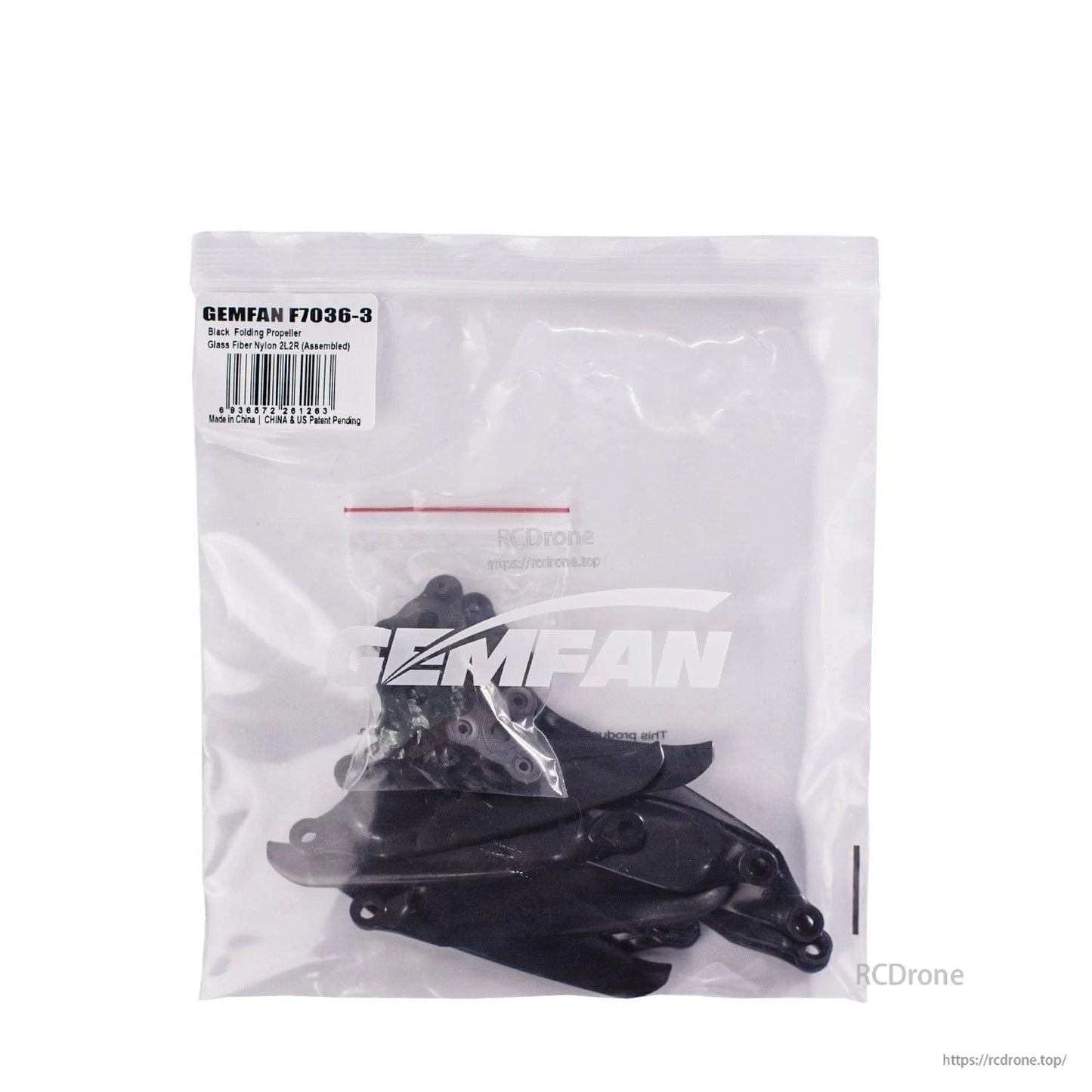 Gemfan F7036-3 retail zip bag packaging with label and propellers inside