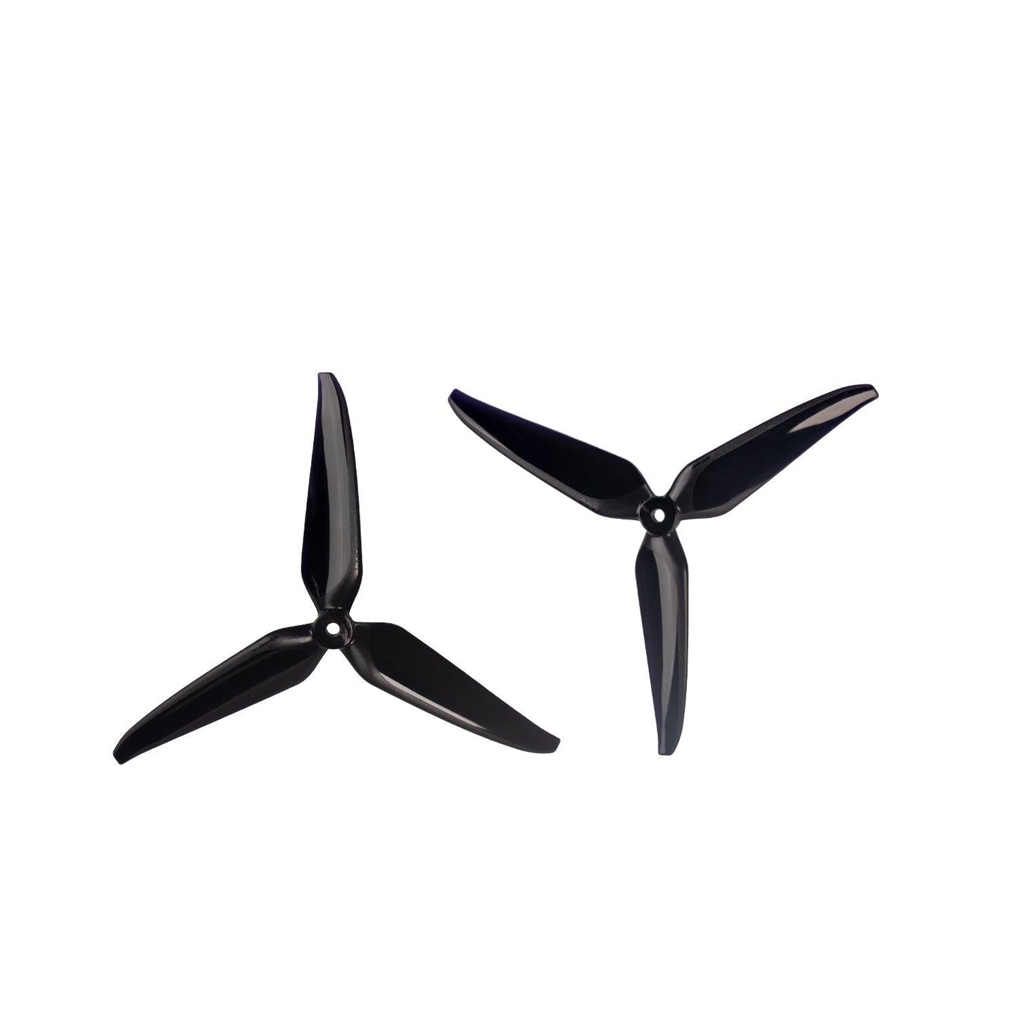 Pair of black tri-blade drone propellers shown side by side, top view with center mounting holes