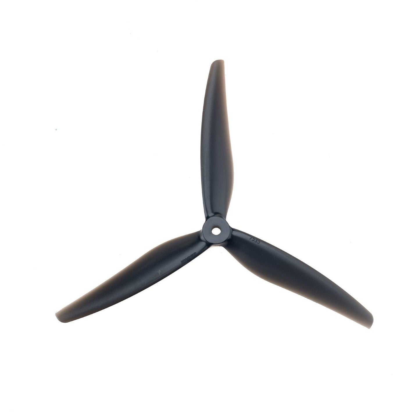 Black 3-blade drone propeller, rear side view showing hub and blade curvature