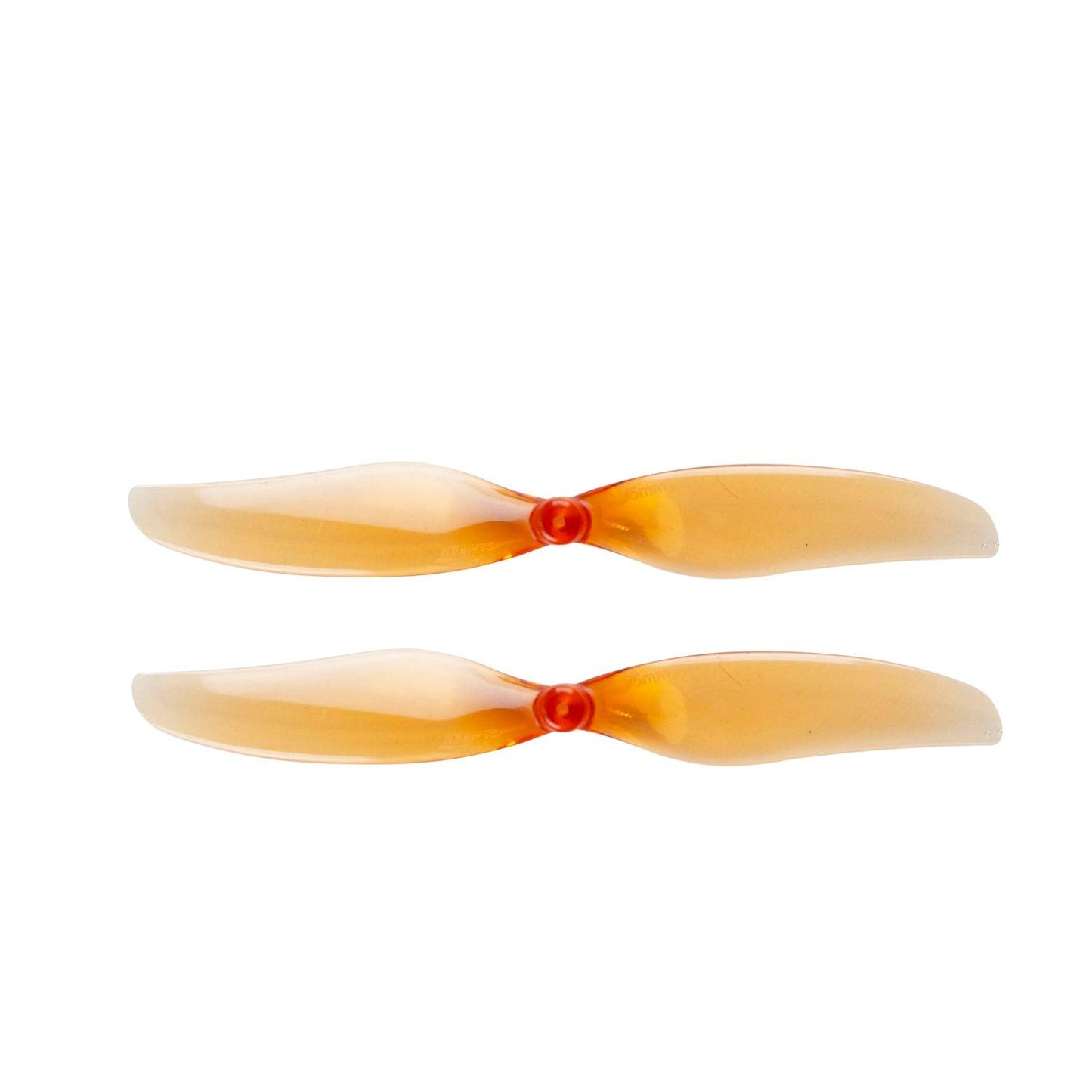 Gemfan 75MM-2 propeller pair in translucent orange with red hub, top view