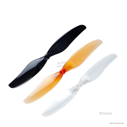 Gemfan 75MM-2 propellers shown in three colors: black, orange, and clear white