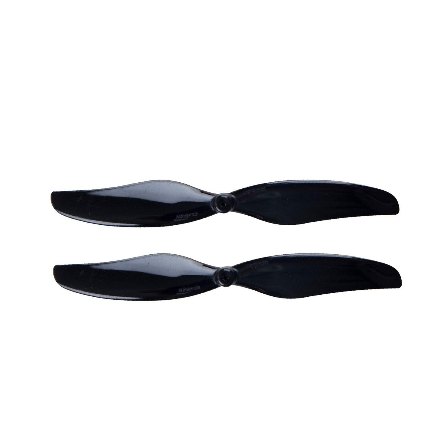 Two-blade propeller pair in glossy black, top view on white background