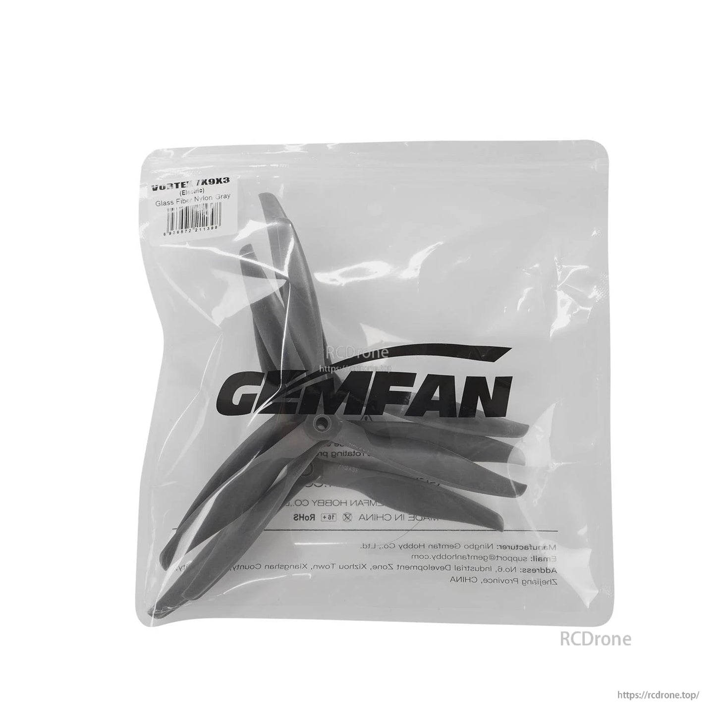 Back view of Gemfan-branded bag with propellers inside, label area visible in top left corner