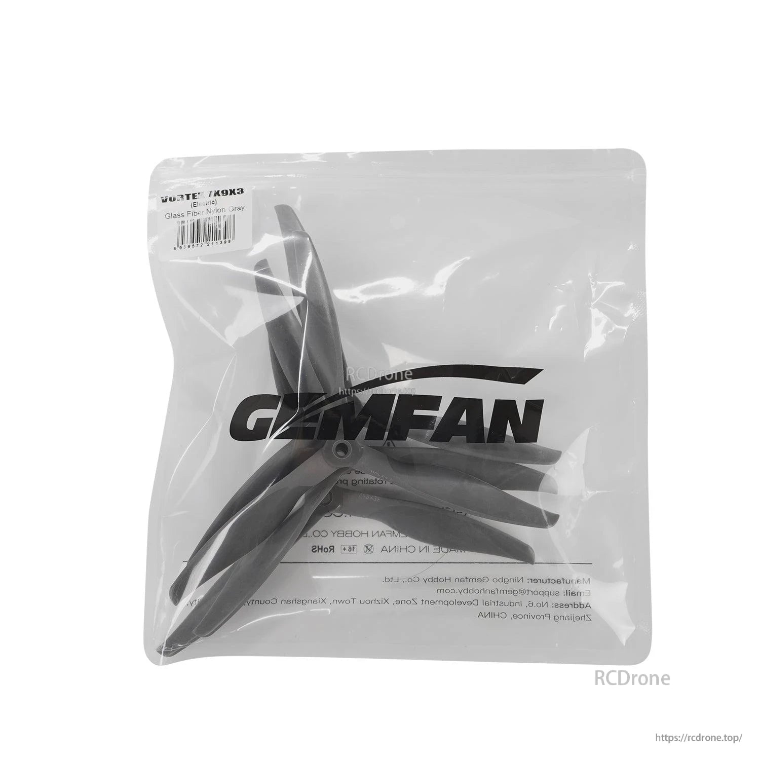 Back view of Gemfan-branded bag with propellers inside, label area visible in top left corner