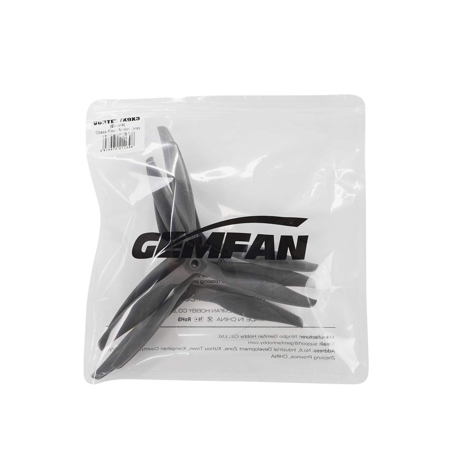 Gemfan propeller set in clear retail bag, 2 pairs of 3-blade props visible through packaging