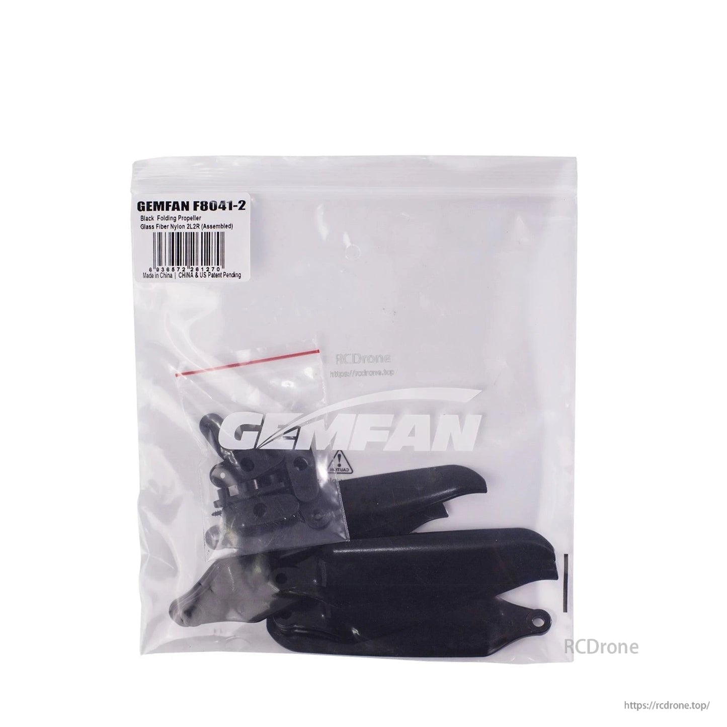 Retail zip bag packaging labeled Gemfan F8041-2 with folding prop blades and hardware inside