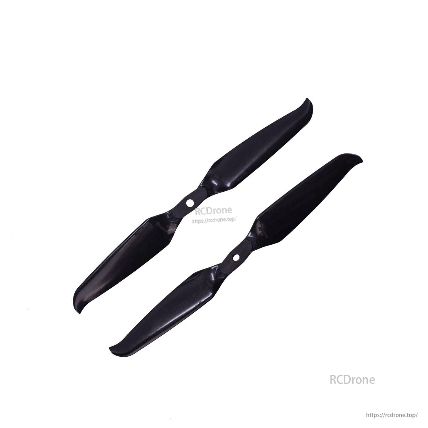 Two folding propellers shown at an angle, black blades with curved tips and center mounting holes
