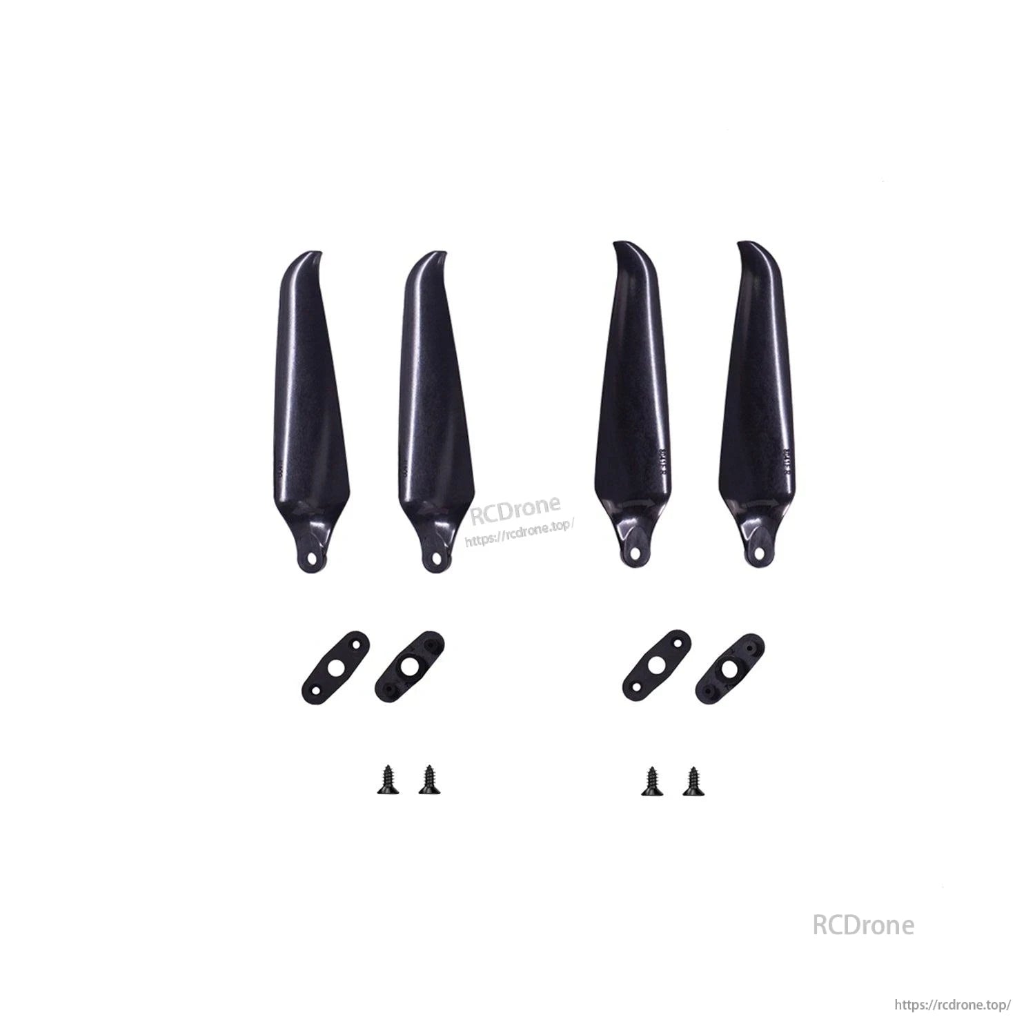 Two pairs of folding prop blades with mounting plates and screws arranged as left/right sets