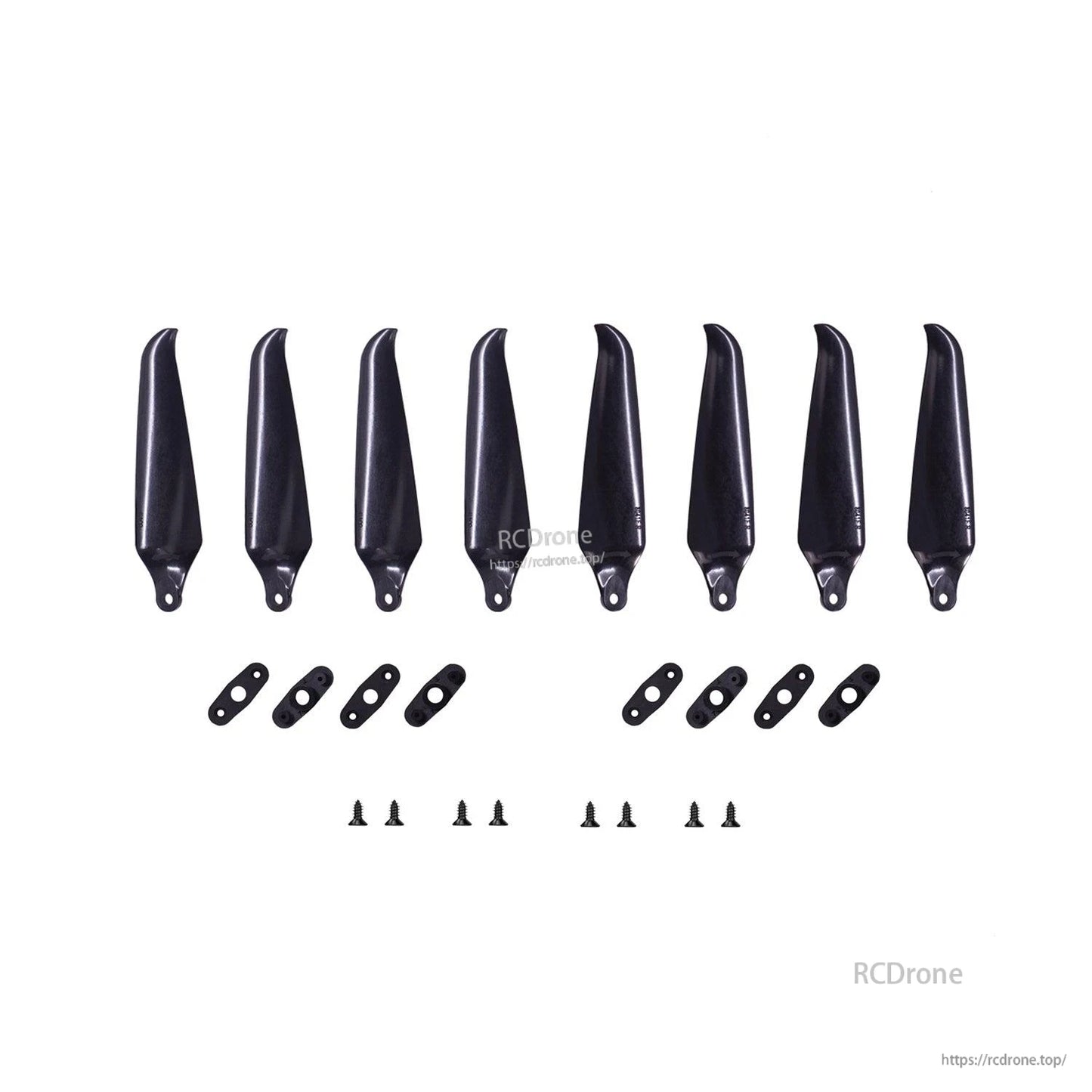 Package contents layout: multiple folding prop blades, mounting plates/adapters, and screws