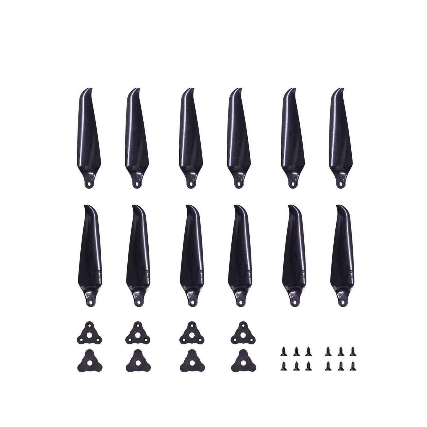 Complete propeller kit layout: multiple unassembled blades, hub plates, and mounting screws