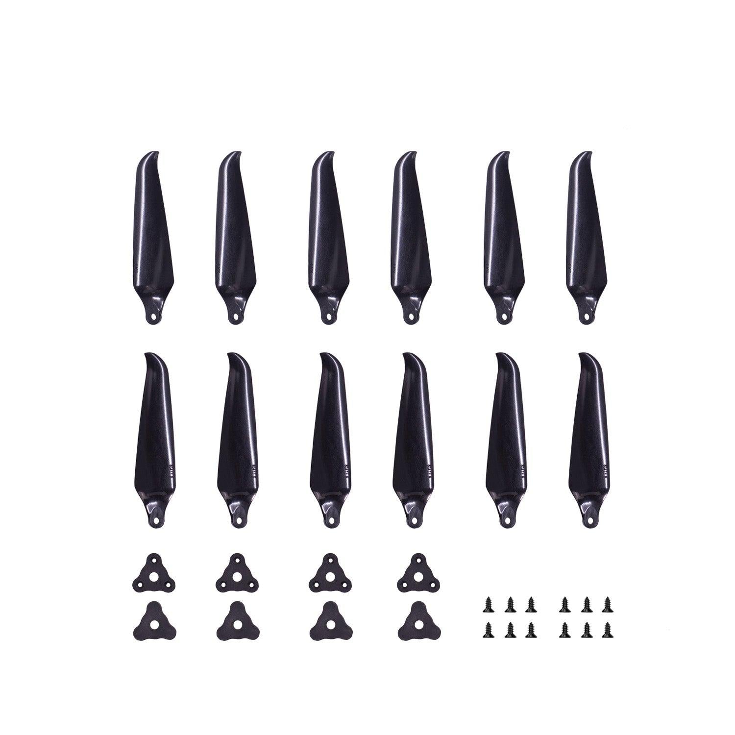 Complete propeller kit layout: multiple unassembled blades, hub plates, and mounting screws