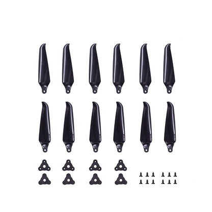 Complete propeller kit layout: multiple unassembled blades, hub plates, and mounting screws