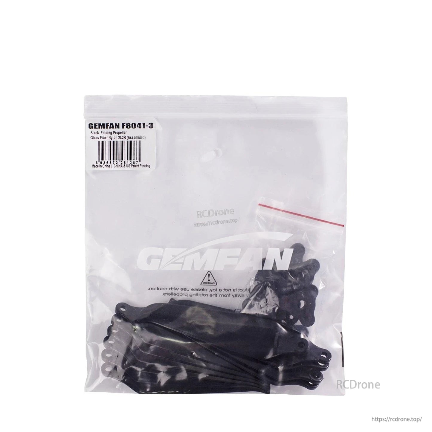 Retail bag packaging for Gemfan F8041-3 prop set with parts visible inside