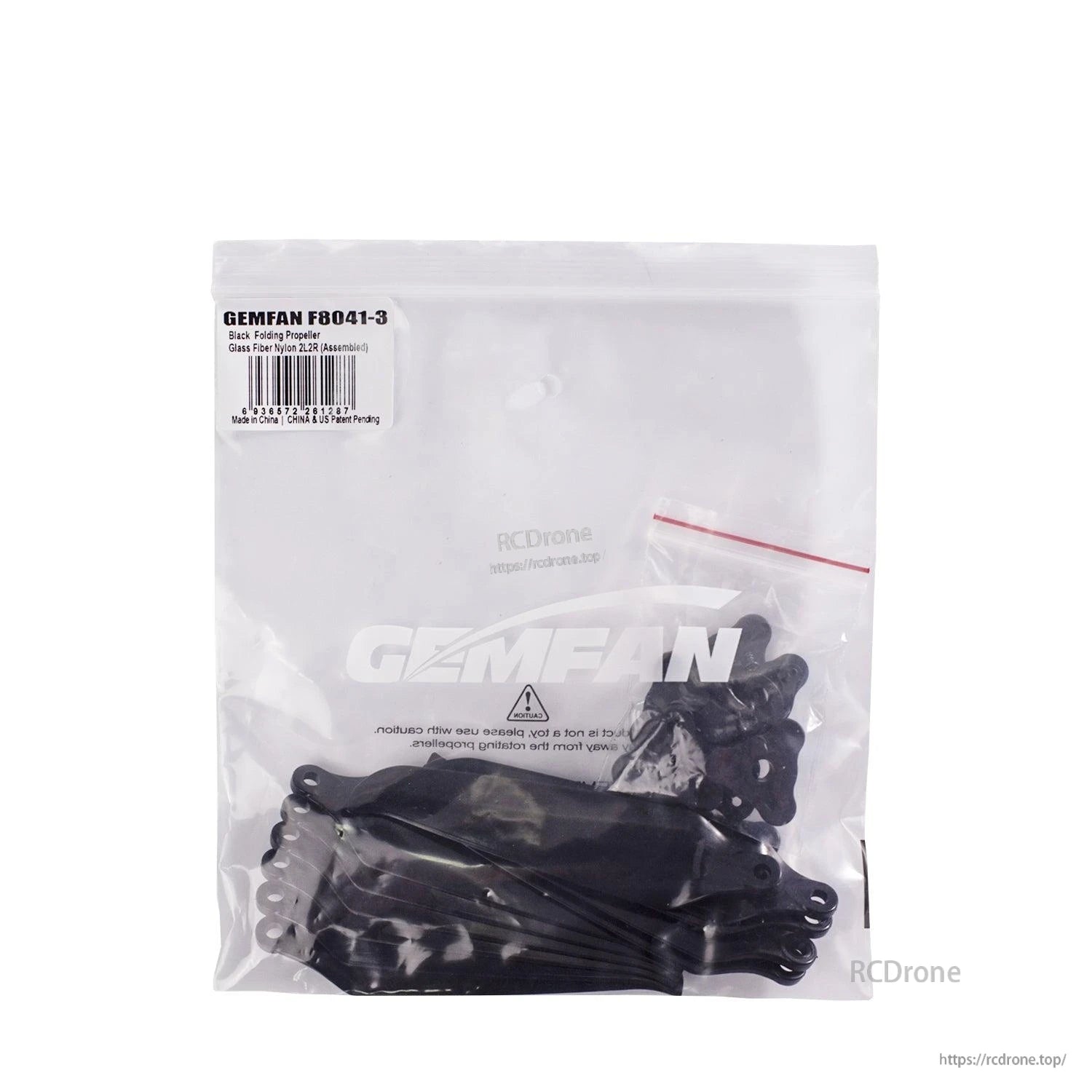 Retail bag packaging for Gemfan F8041-3 prop set with parts visible inside