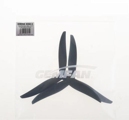Gemfan 8060-3 Glass Fiber Nylon 3-Blade Propeller, Gemfan 8060-3 black 3-blade propellers in packaging, glass fiber nylon multirotor props