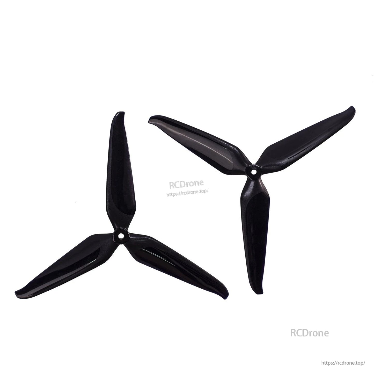Pair of black 3-blade drone propellers shown side by side, top view on white background