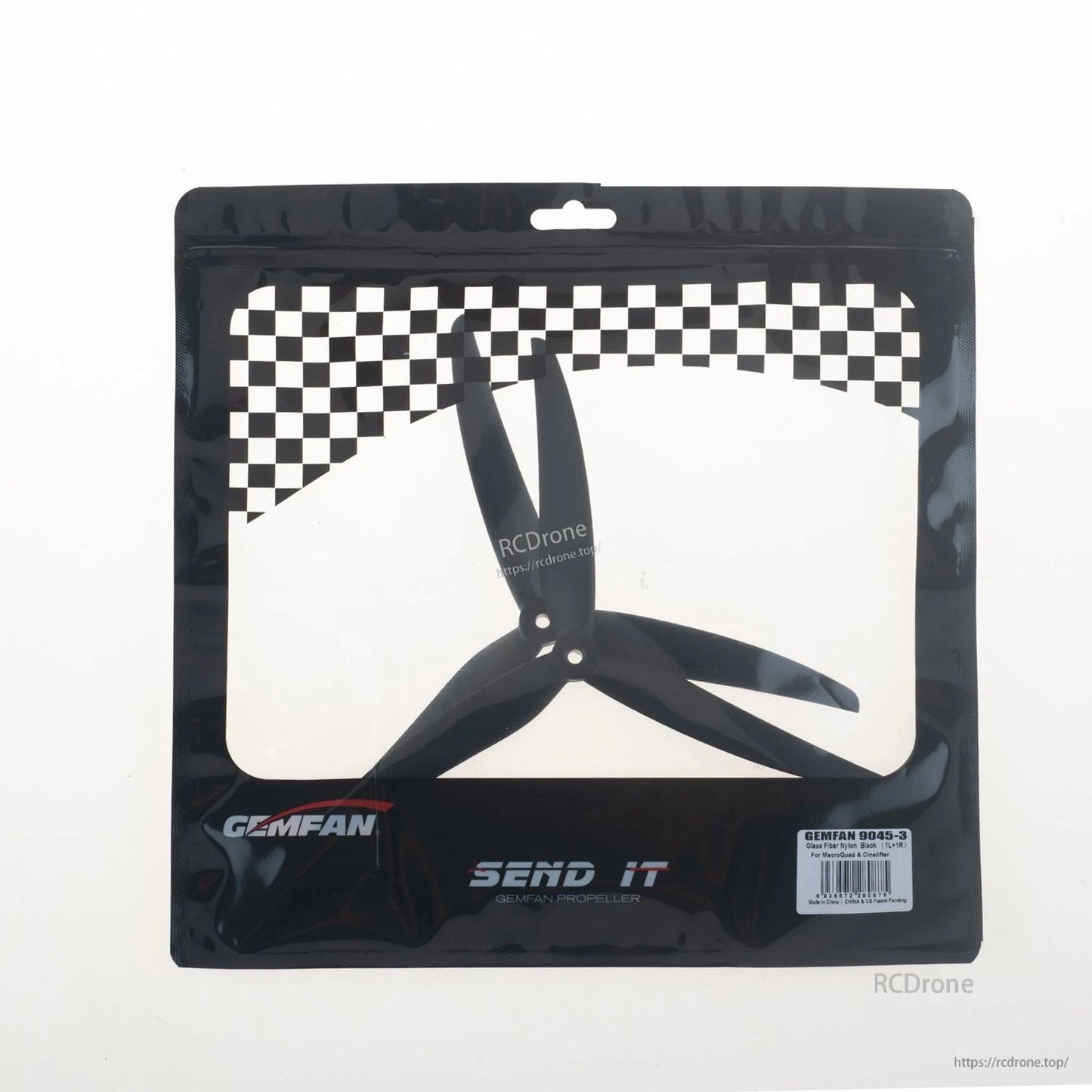 Retail package for Gemfan 9045-3 propellers with clear window and product label