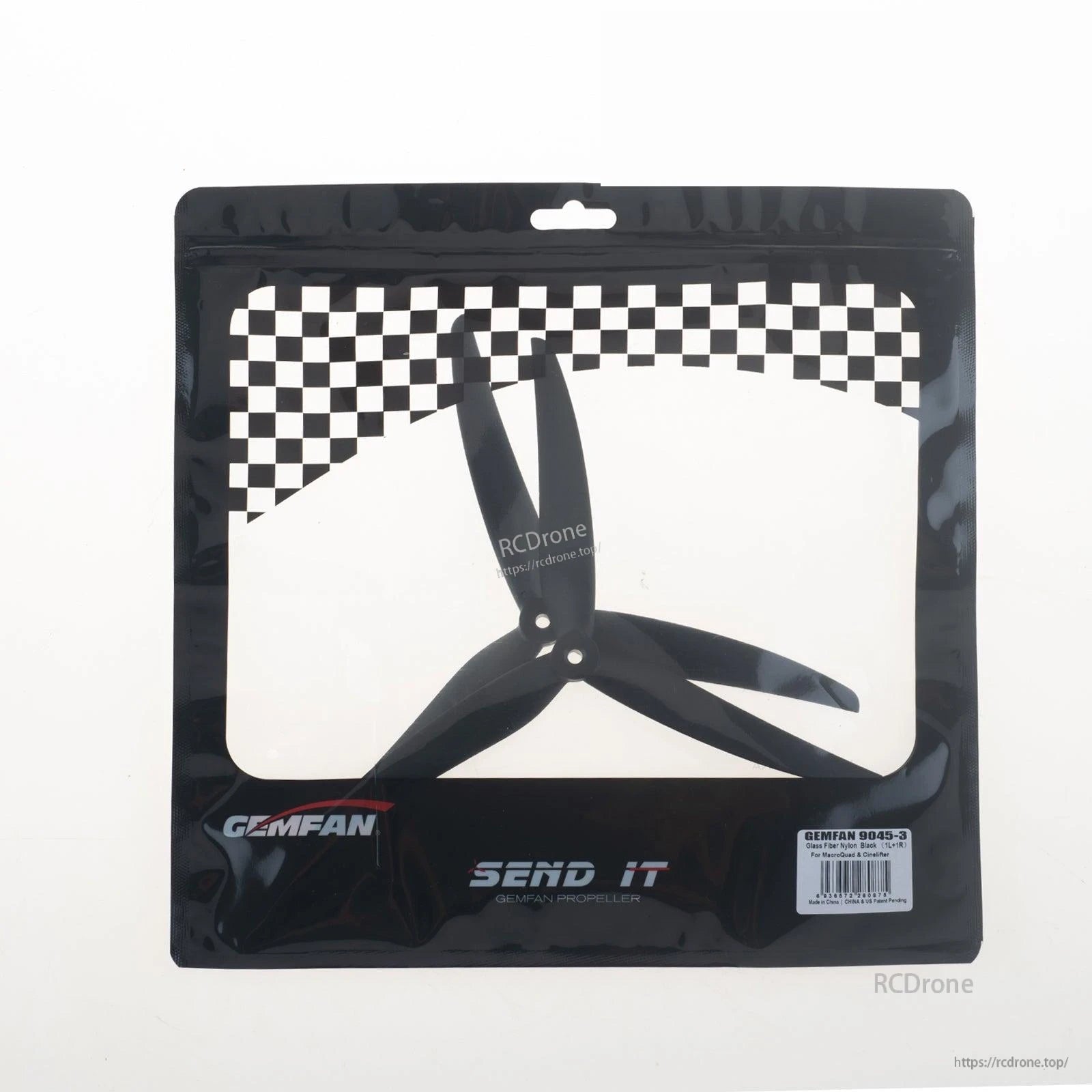Retail package for Gemfan 9045-3 propellers with clear window and product label