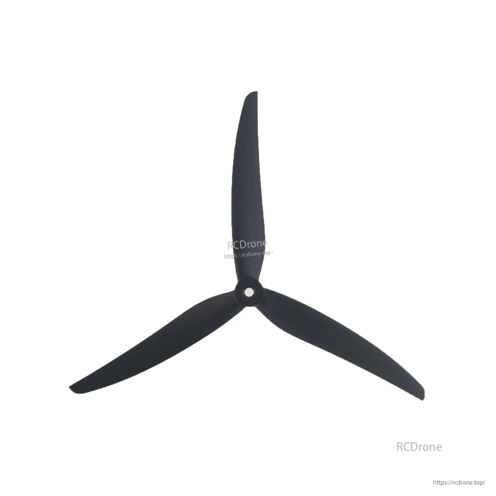 3-blade propeller close-up showing hub and blade shape, black finish on white background