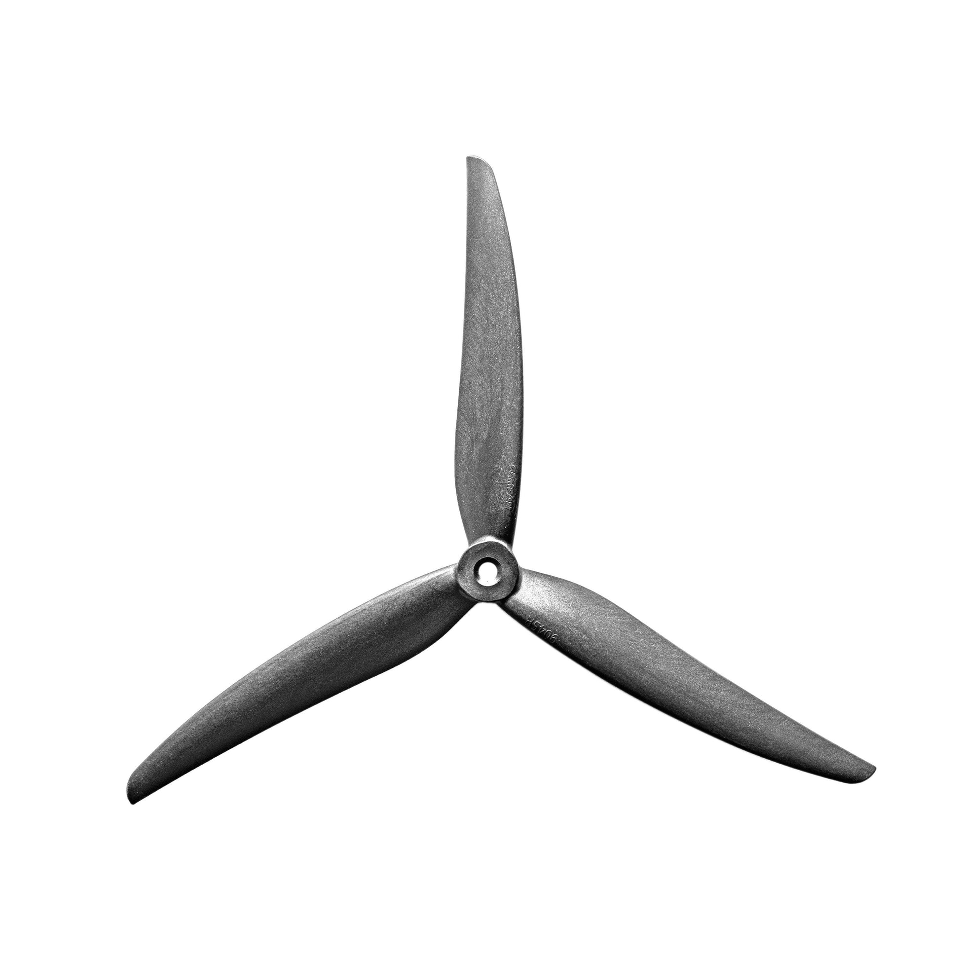 Gemfan 9045-3 tri-blade drone propeller in dark gray with central hub mounting hole