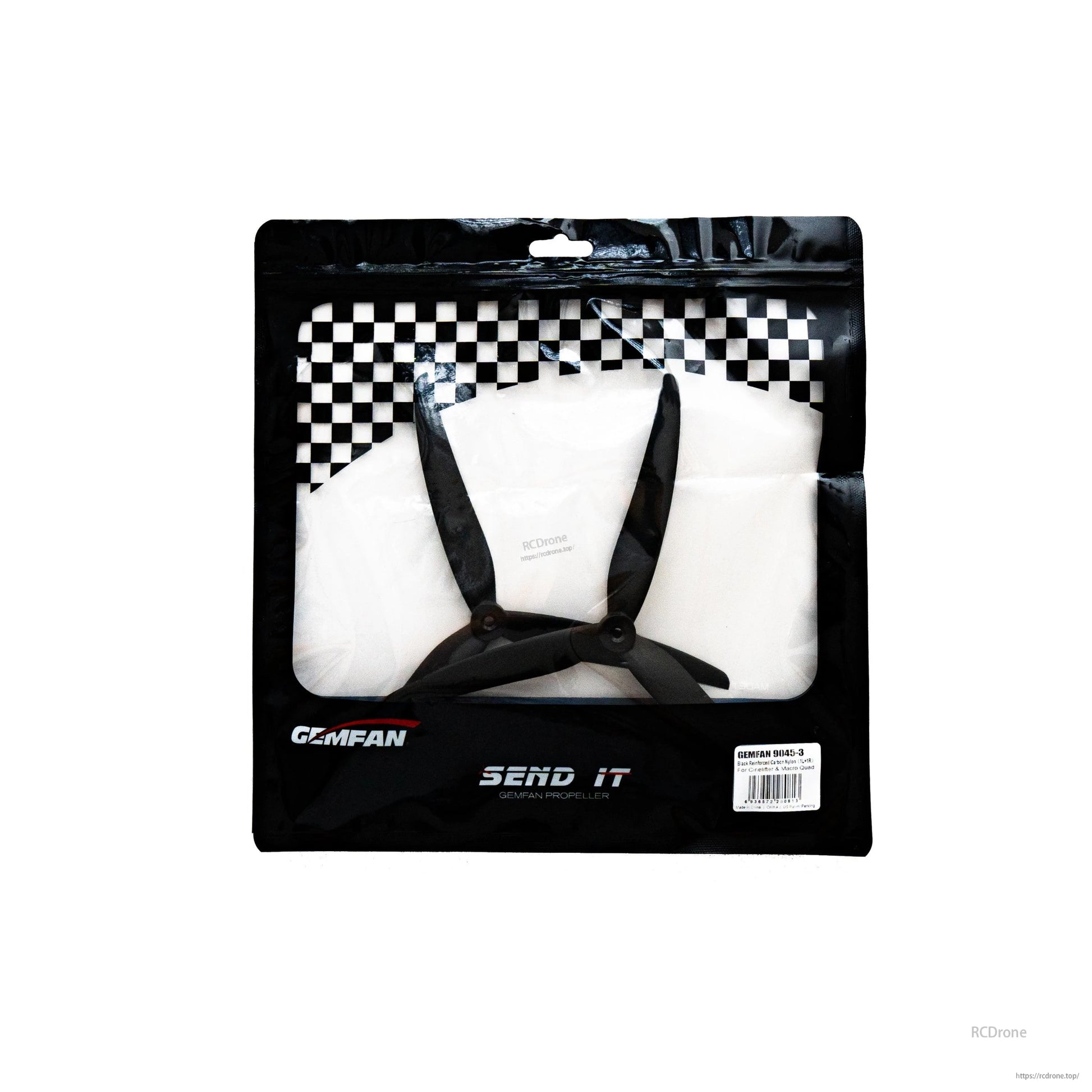 Gemfan 9-inch 3-blade drone propellers in sealed retail bag, black tri-blade set for macro quad builds