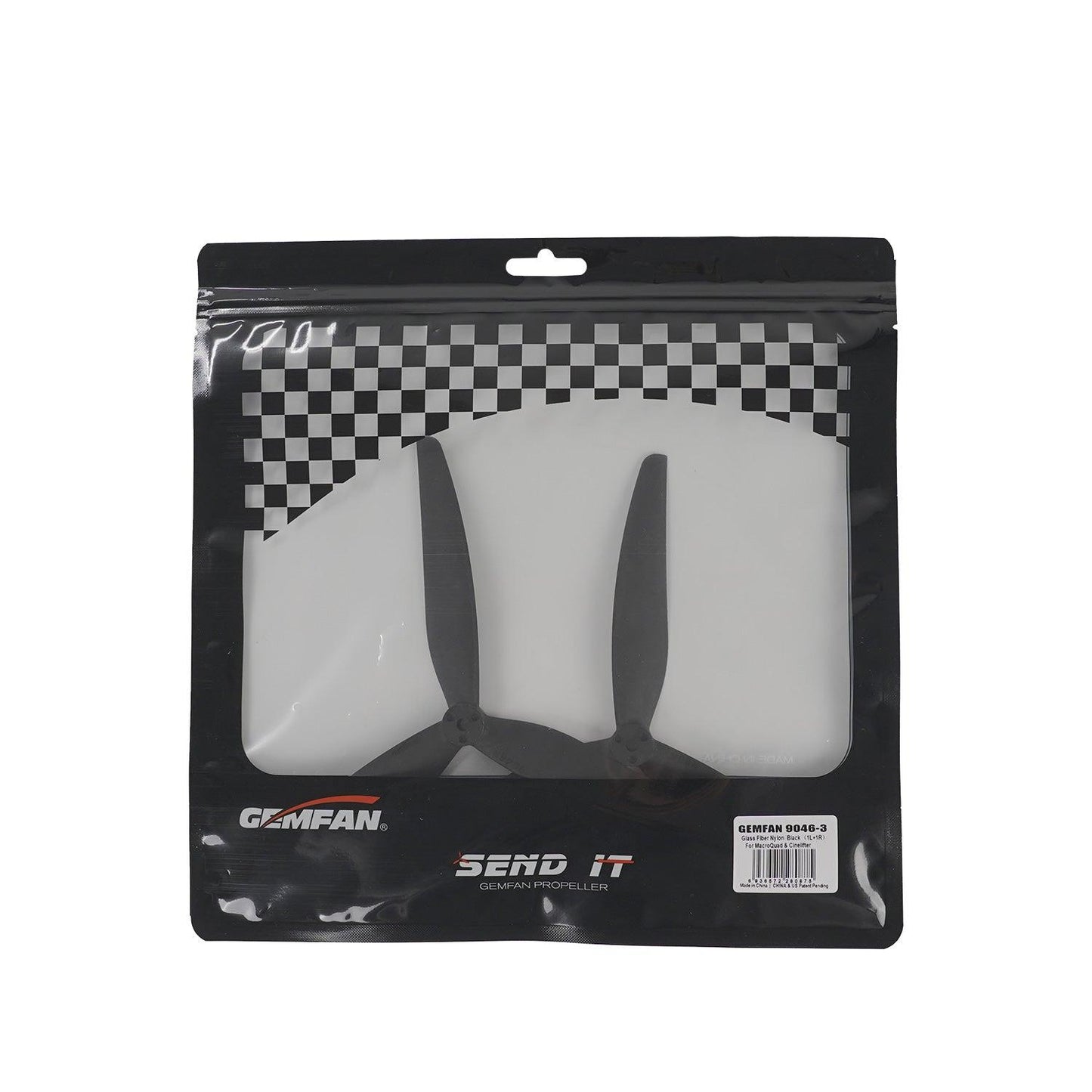 Retail package showing Gemfan 9046-3 tri-blade propellers in sealed bag with product label