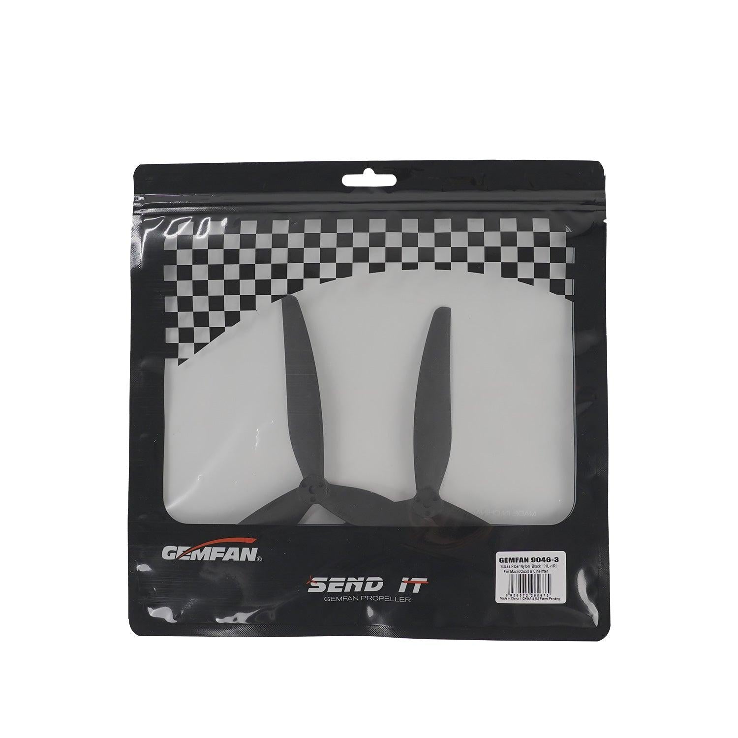 Retail package showing Gemfan 9046-3 tri-blade propellers in sealed bag with product label