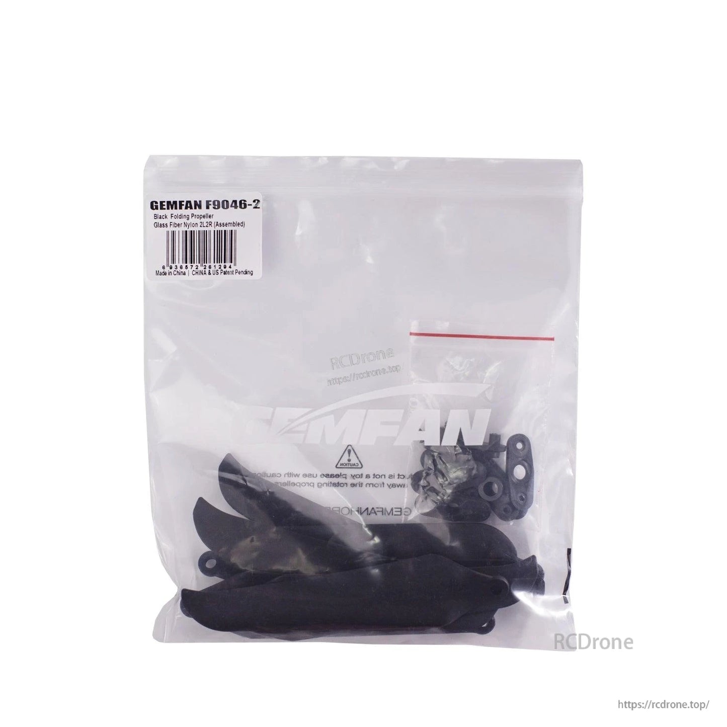 Gemfan F9046-2 retail bag with label, propellers and mounting hardware visible inside packaging