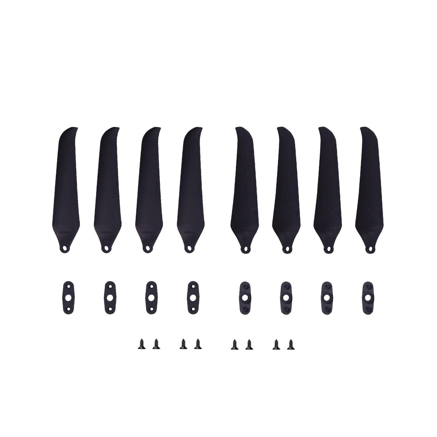 Complete set layout: 8 propeller blades, 8 mounting plates, and screws arranged on white background
