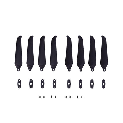 Complete set layout: 8 propeller blades, 8 mounting plates, and screws arranged on white background