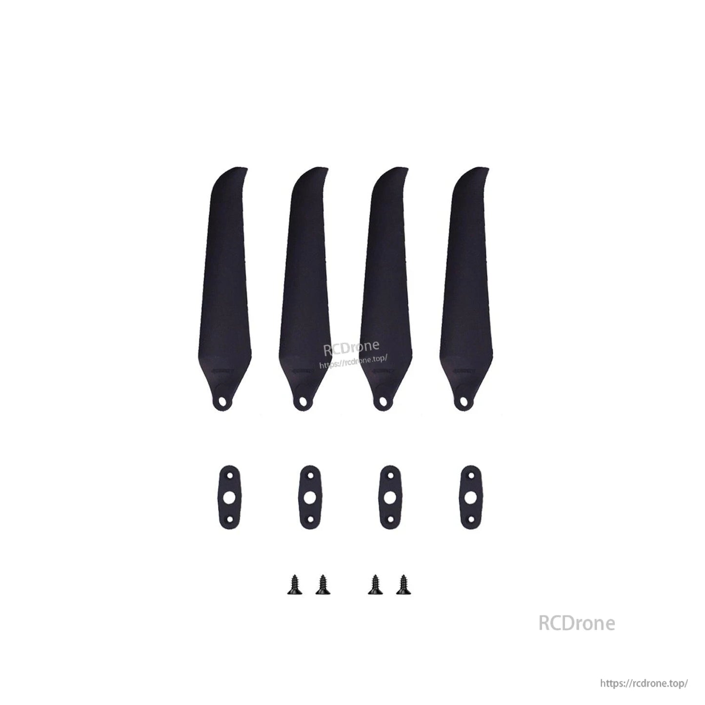Four propeller blades with four mounting plates and screws shown as one set on white background