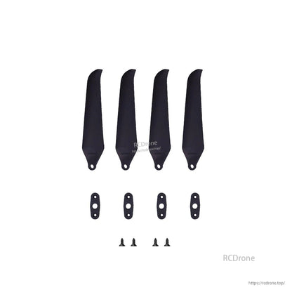 Four propeller blades with four mounting plates and screws shown as one set on white background