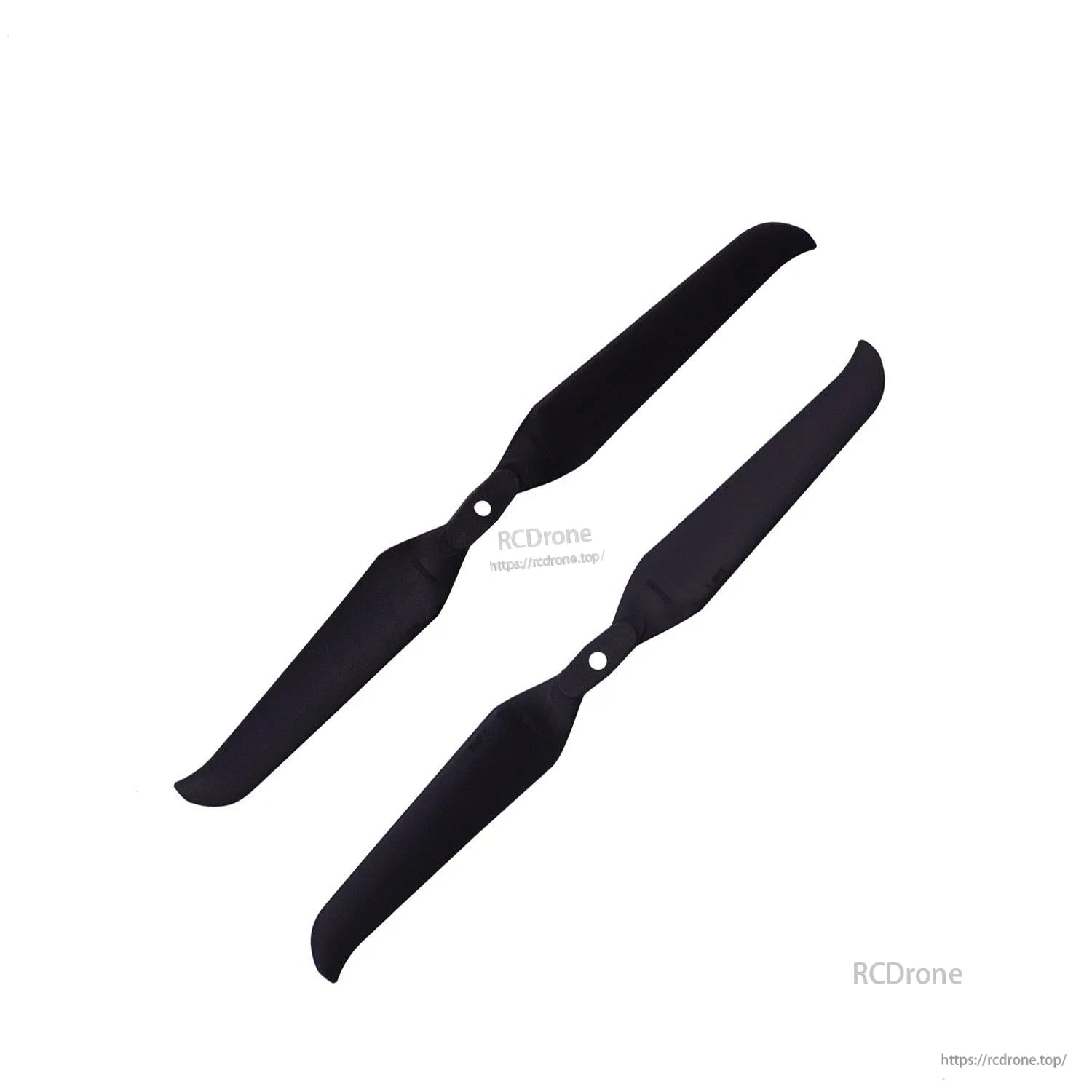 Two propellers shown diagonally, black two-blade design with mounting holes at the hub