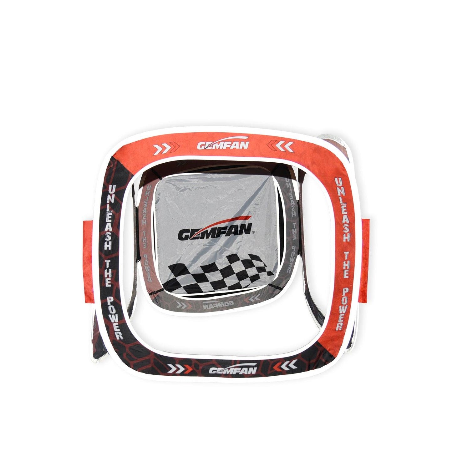 Gemfan Airgate FPV drone racing cube gate, assembled with checkered logo panel and red trim